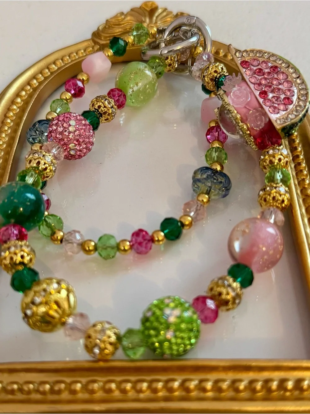 New Pink & Green Beaded Phone Chain with Gold Accents